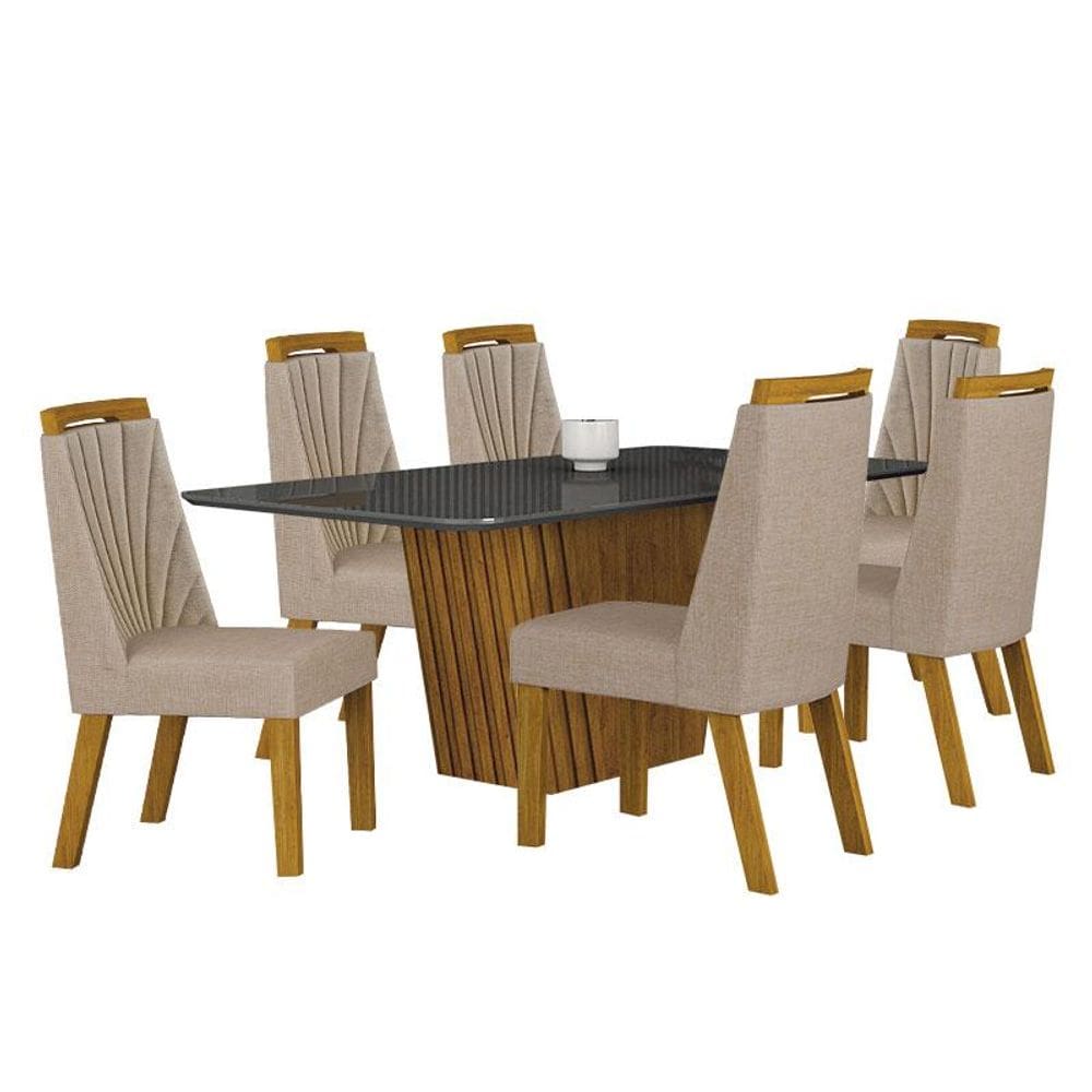 Mesa de Jantar Liz 180x90 Freijó Chumbo com 6 Cadeiras Freijó Linho Palha - Leifer Móveis