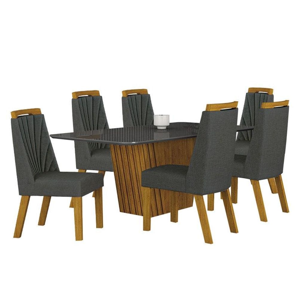 Mesa de Jantar Liz 180x90 Freijó Chumbo com 6 Cadeiras Freijó Linho Chumbo - Leifer Móveis