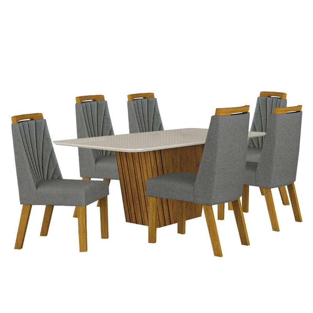 Mesa de Jantar Liz 180x90 Freijó Off White com 6 Cadeiras Freijó Linho Cinza - Leifer Móveis
