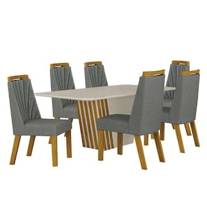 Mesa de Jantar Liz 180x90 Off White Freijó Off com 6 Cadeiras Freijó Linho Cinza - Leifer Móveis