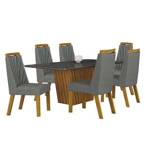 Mesa de Jantar Liz 180x90 Freijó Chumbo com 6 Cadeiras Freijó Linho Cinza - Leifer Móveis