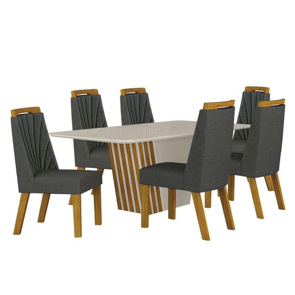 Mesa de Jantar Liz 180x90 Off White Freijó Off com 6 Cadeiras Freijó Linho Chumbo - Leifer Móveis
