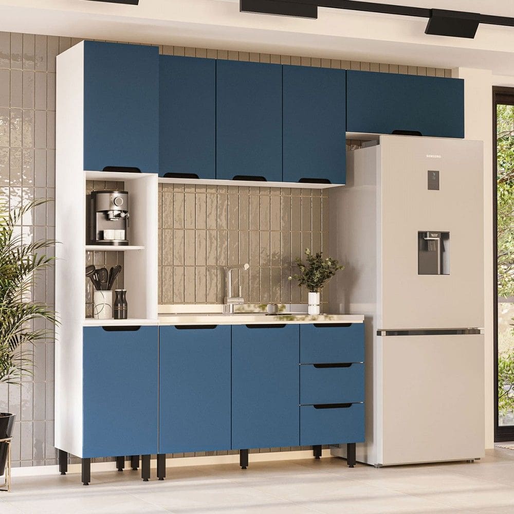 Cozinha Completa Meena 8 Portas 3 Gavetas Branco/Azul - Politorno