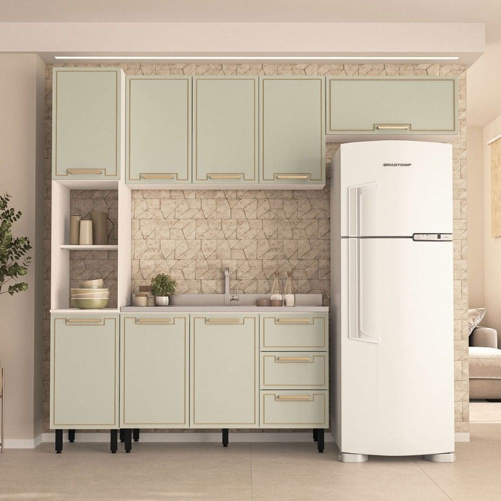 Cozinha Completa Amara 8 Portas 3 Gavetas Branco/Verde Oliva - Politorno