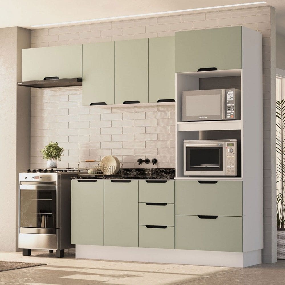 Cozinha Completa Meena 8 Portas 4 Gavetas Branco/Verde Oliva - Politorno