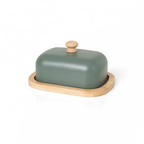 Manteigueira Com Tampa De Metal E Base Em Bambu 400ml - Verde Militar