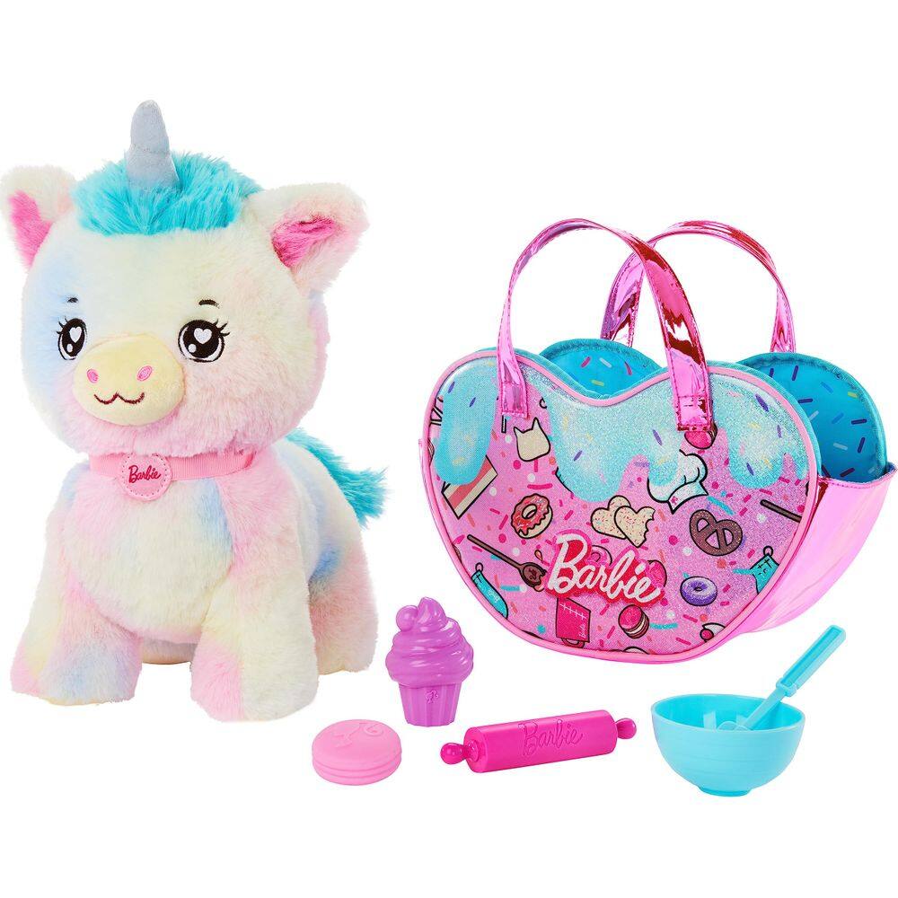 Conjunto de brinquedos de pelúcia Barbie Unicorn Stuffed Animal com bolsa e 5 peças