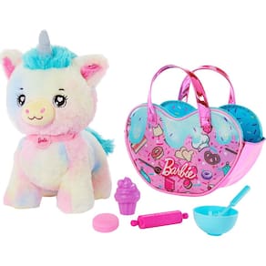 Conjunto de brinquedos de pelúcia Barbie Unicorn Stuffed Animal com bolsa e 5 peças