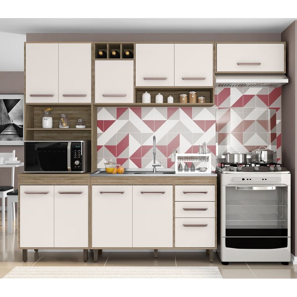 Jogo de Cozinha 258m Barcelona  com Balcão P/Pia 120m S/Tampo - Carvalho OAK/Off White Poliman