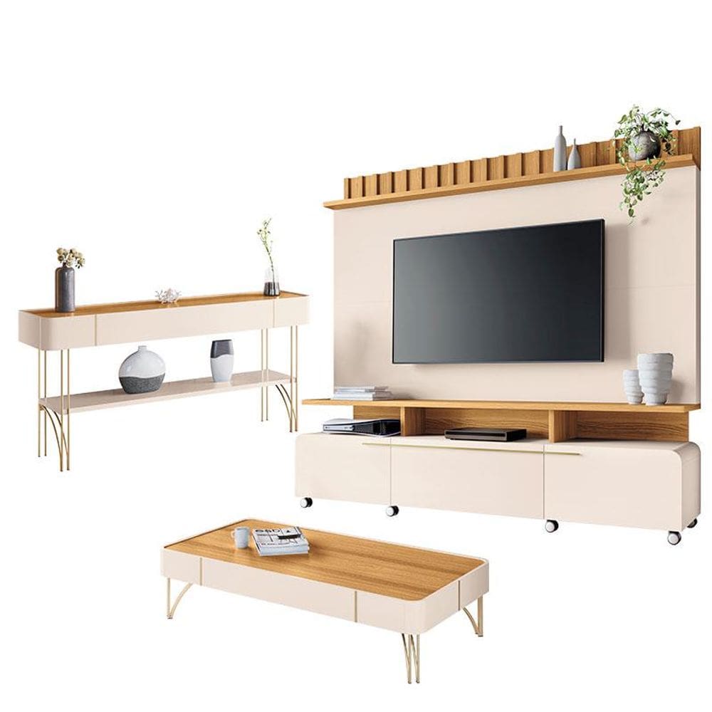 Estante Home Theater Artís e Aparador Vivant e Mesa de Centro Cadenza Off White Cinamomo – HB Móveis