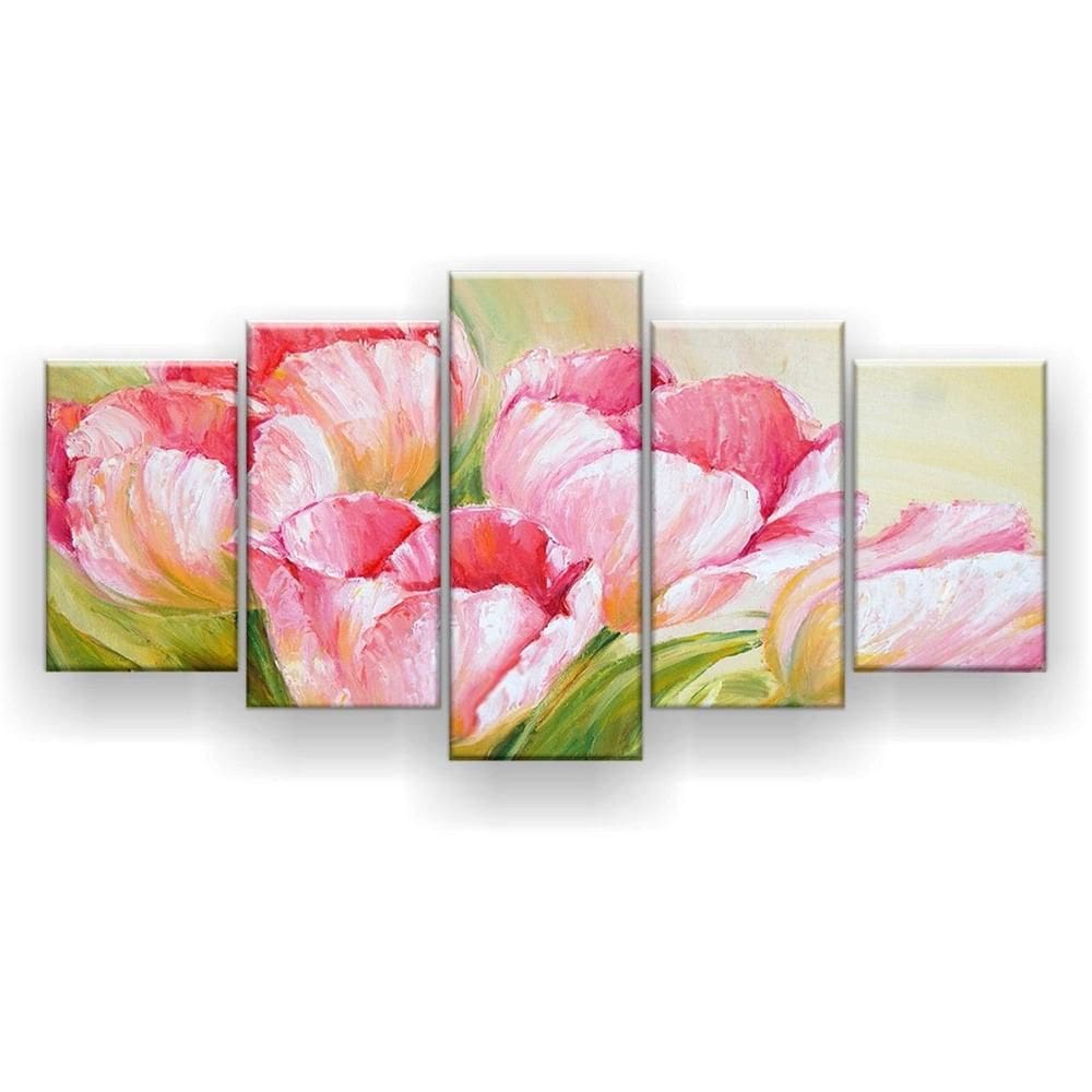 Quadro Decorativo 5 Peças Pintura Tulipas Cor-De-Rosa