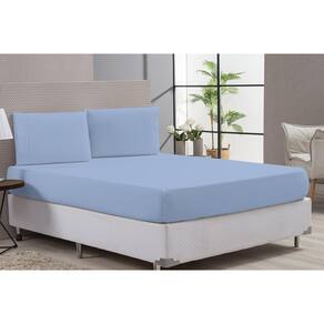 Jogo Lençol Cama Casal King 80% Algodão Azul Elástico