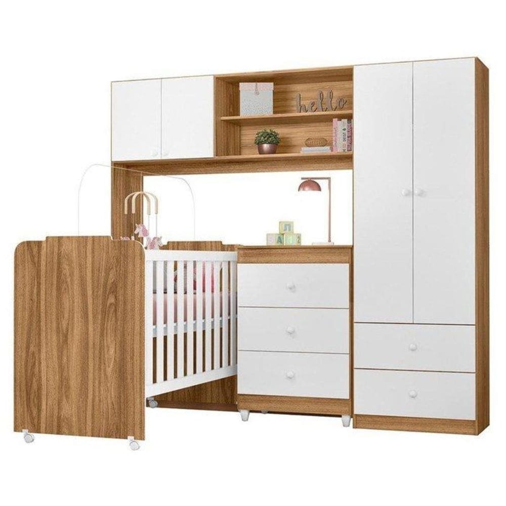 Quarto Infantil Sofhia com Conjugado e Cômoda Ternura e Berço Amore Cor Nature e Branco - Peternella
