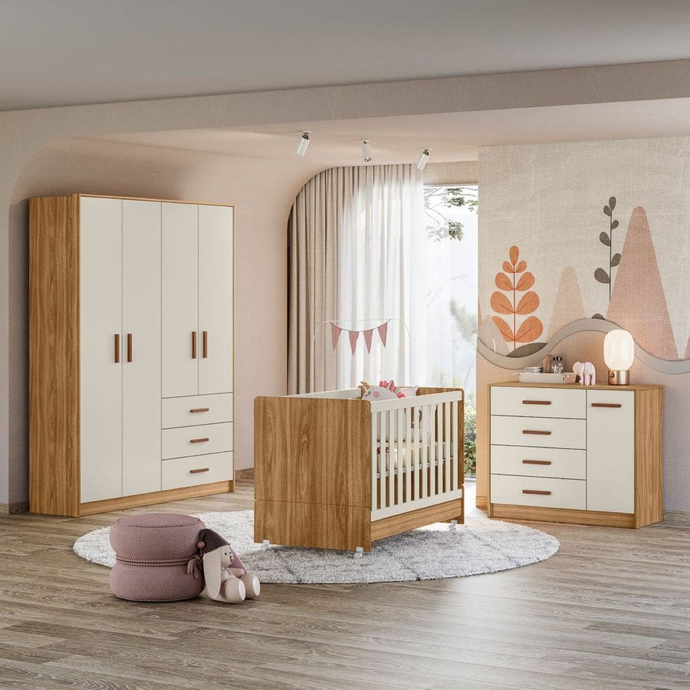 Quarto Infantil com berço Pérola Cor Nature Off White - Peternella