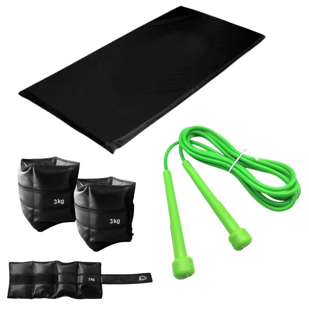 Kit Ginástica Colchonete + Tornozeleira Caneleira Peso 3 Kg + Corda de pular