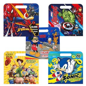 Kit 05 Livros Álbum Infantil de Colorir Pintar Meninos Personagens Disney Marvel + 68 Adesivos Tilibra