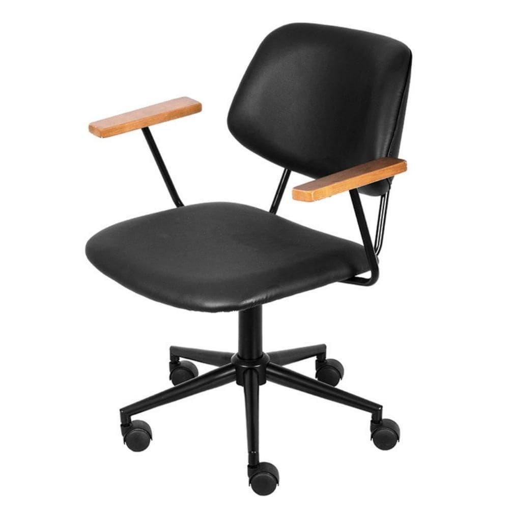 Cadeira Escritório Giratória Riga Or Design Revestida PU Preto Braços em Madeira Base Rodízio Preto