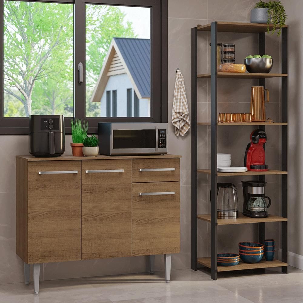 Kit Cozinha Balcão Gabinete 3 Portas 1Gaveta e Armário Cozinha Despensa 5 Prateleiras Rustic/Preto
