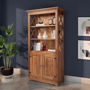 Livreiro Estante Rústica Com Prateleiras Detalhe X Em Madeira Maciça Com 2 Portas - Natural - Bege