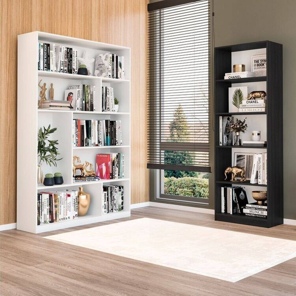 Kit com 1 Estante Multiuso 5 Nichos Montreal e 1 Estante para Livros 4 Prateleiras Seattle Preto/Branco