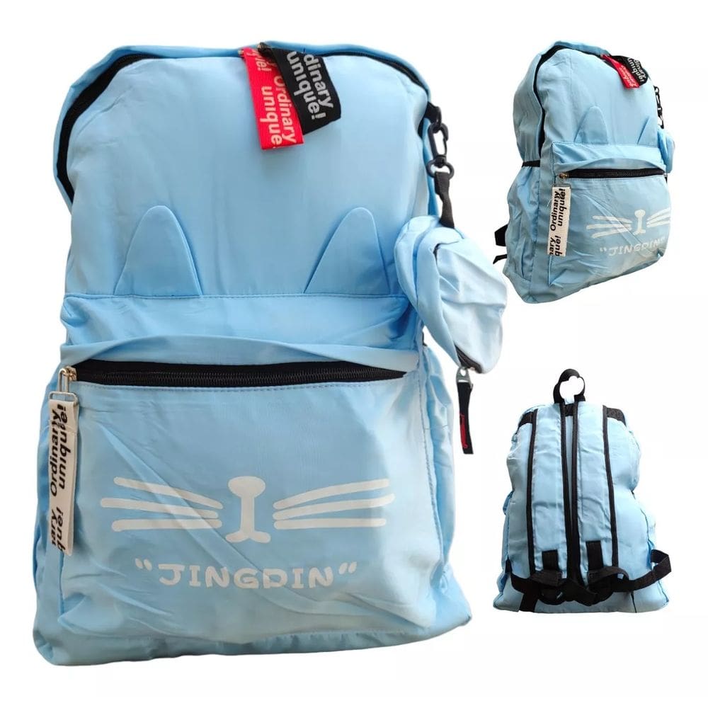 Mochila Juvenil Gatinho Azul Claro C/ Estojo - Rignel