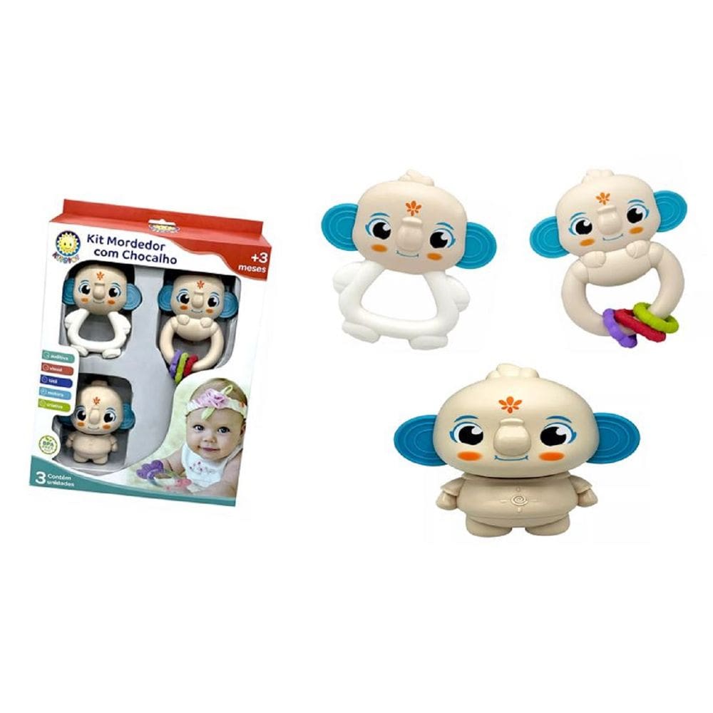 Kit Mordedor Chocalho Elefante Dumbo 3 Pcs +3m - Kitstar