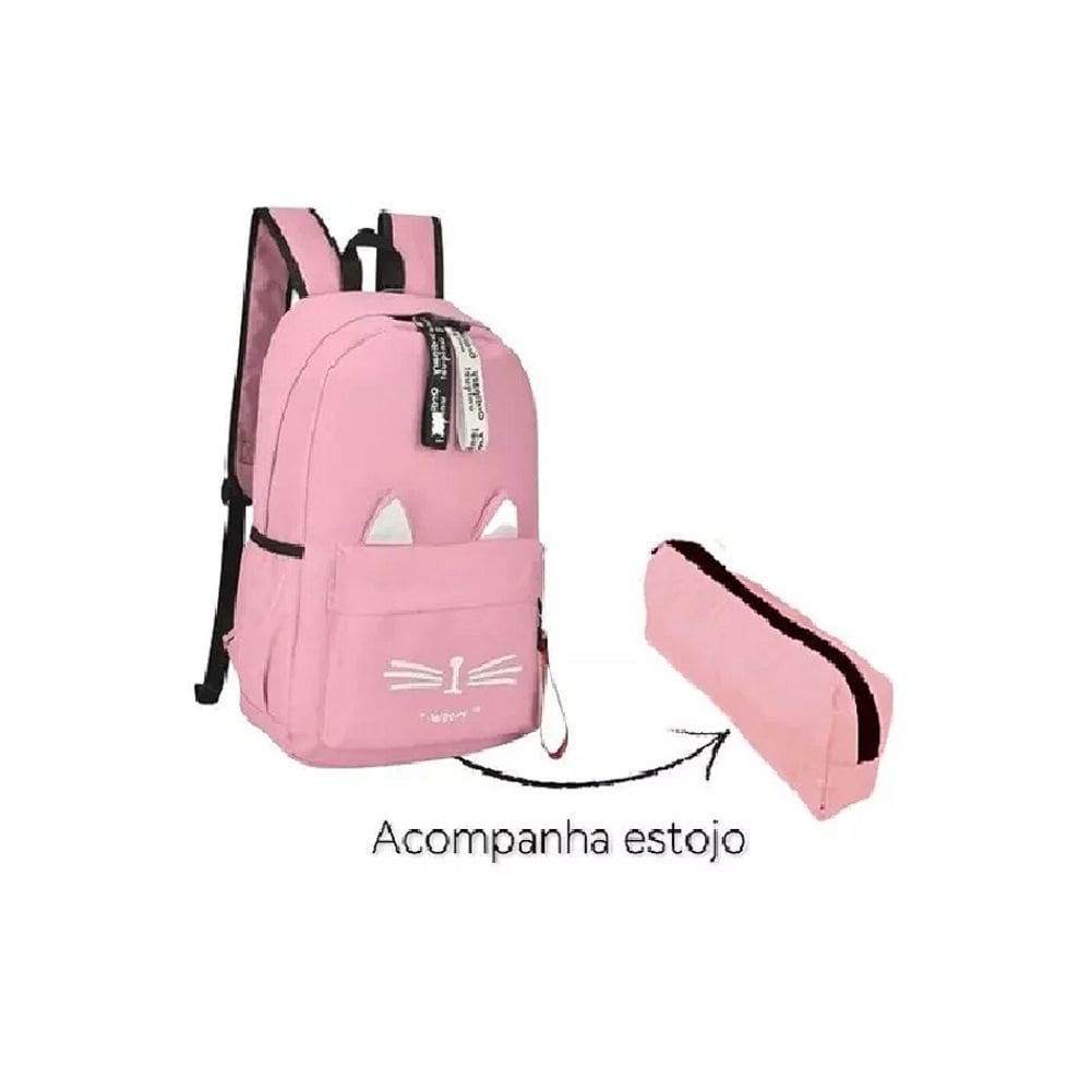 Mochila Juvenil Gatinho Rosa C/ Estojo - Rignel