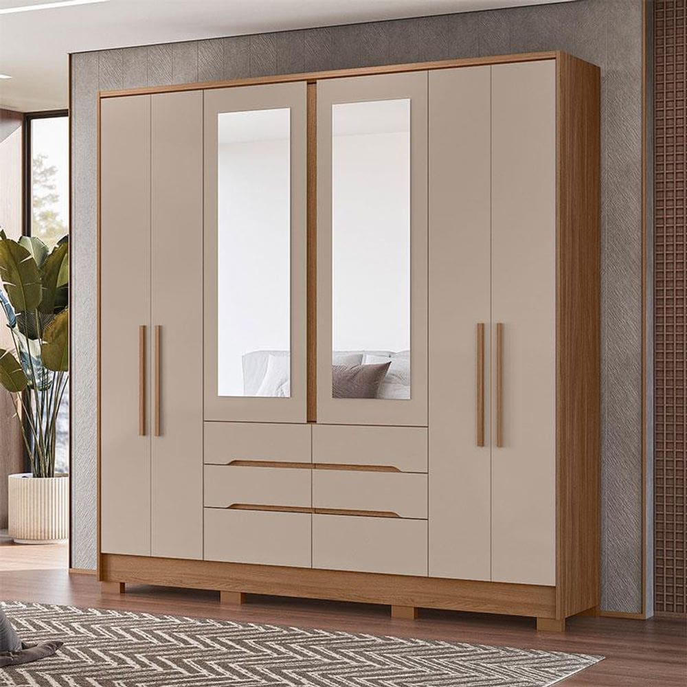 Guarda Roupa Casal Ambiente San Francisco 6 Portas Carvalho Fendi com Espelho - Moval