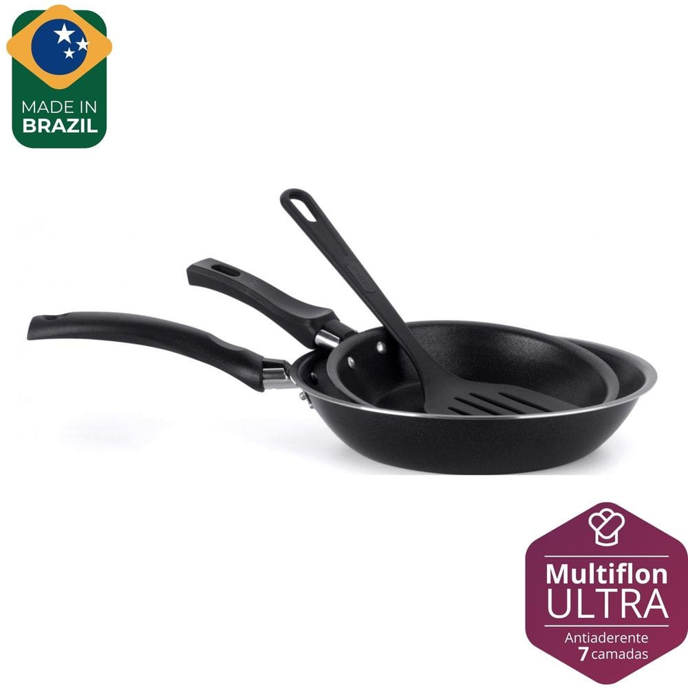 Jogo de 2 Frigideiras Antiaderente de Alumínio e Espátula Essencial 16cm e 20cm - Multiflon