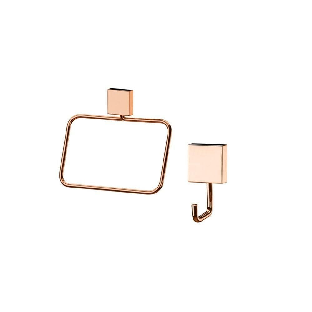 Kit Banheiro Lavabo 2 Peças Rosé Gold Future Toalheiro Rosto E Cabide Gancho