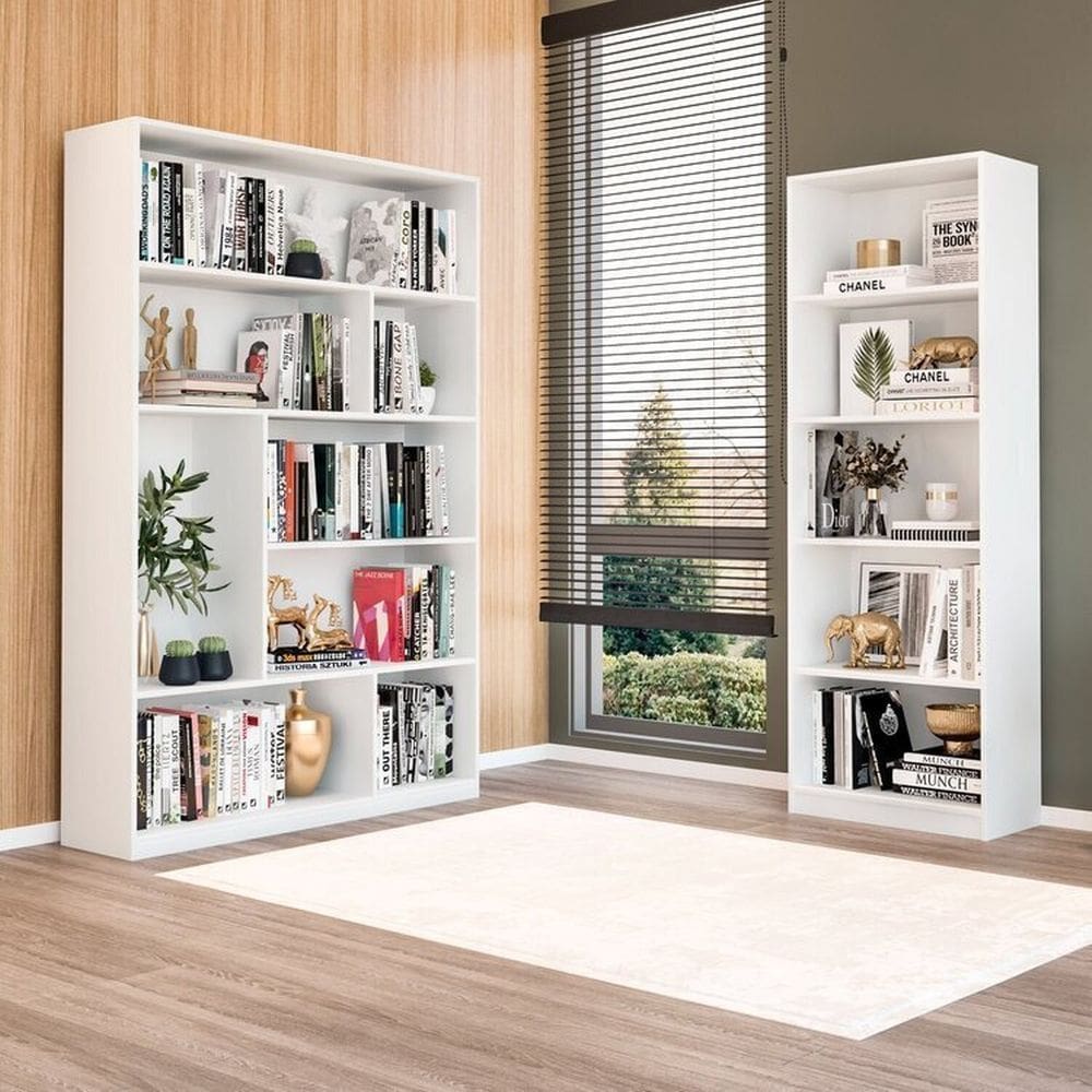 Kit com 1 Estante Multiuso 5 Nichos Montreal e 1 Estante para Livros 4 Prateleiras Seattle Branco