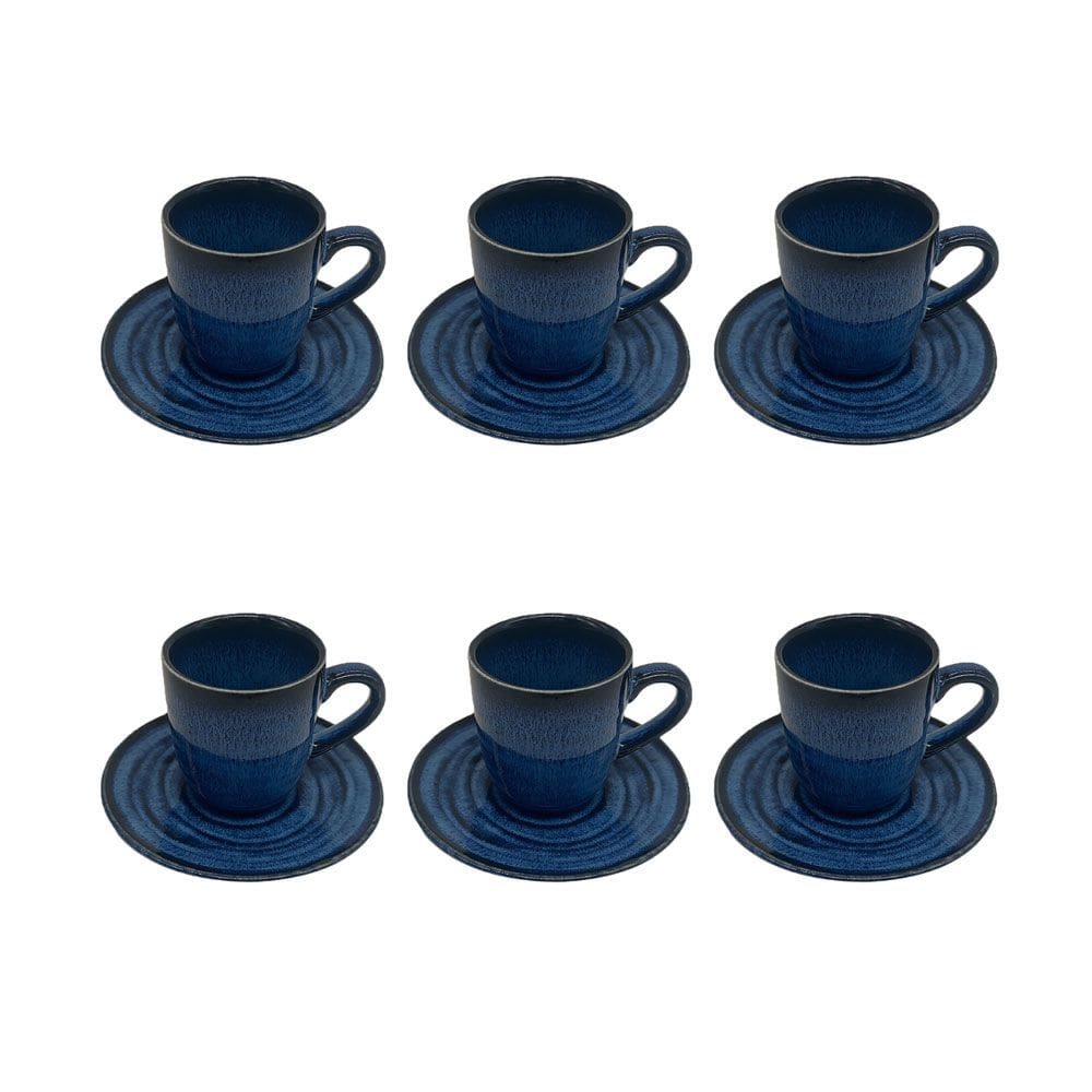 Conjunto 6 Xícaras e Pires em Porcelana Azul e Preto 100ml BM0014 BTC