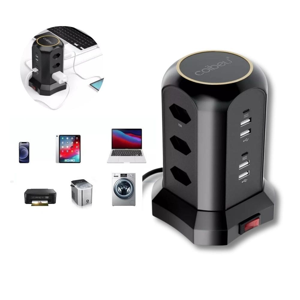 Extensão Tomada de Torre 2500W 9 Tomadas 4 Portas USB 2 Type-C