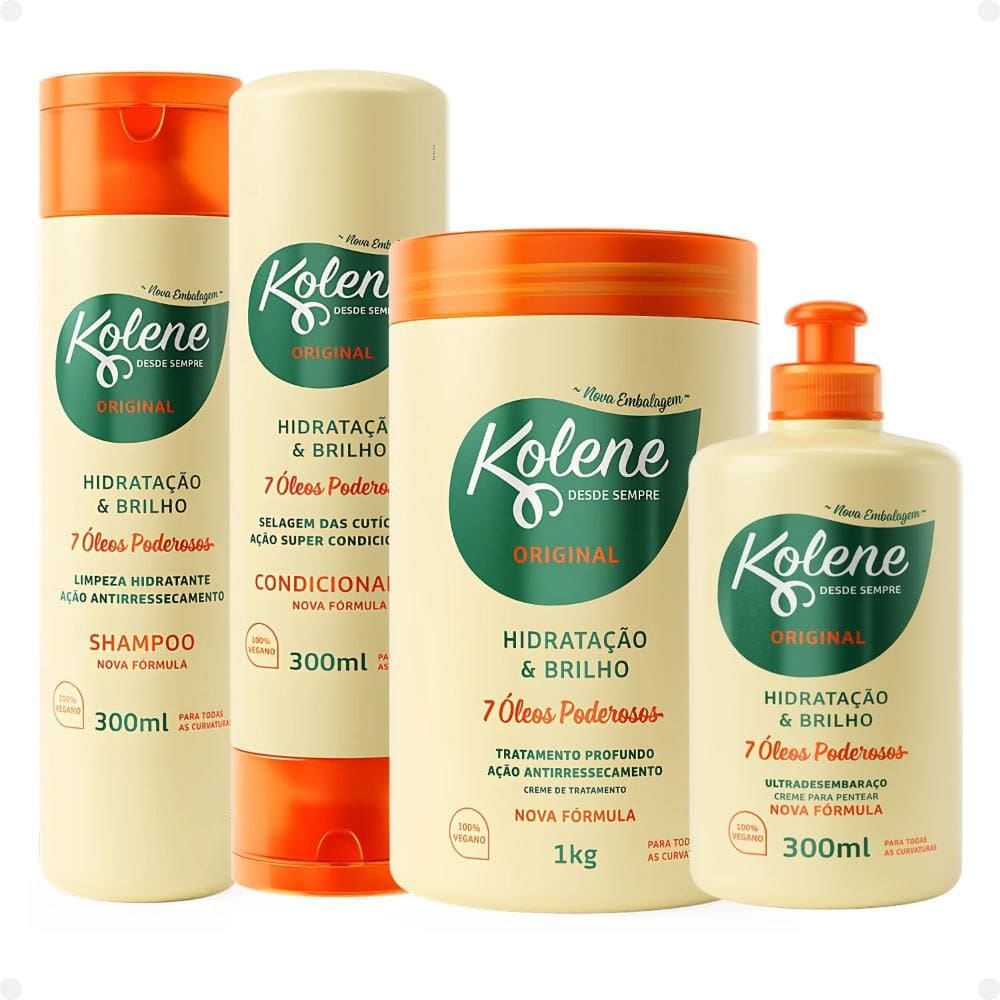 Kit Kolene Hidratação e Brilho: Shampoo, Condicionador 300ml, Creme de Tratamento 1Kg e Creme para Pentear 300ml