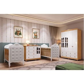 Quarto de Bebê Guarda-roupa Cômoda Janelado 2 Berços Capitonê Maya Clássico 100% Mdf Espresso Móveis Branco Brilho/Amêndoa/Branco