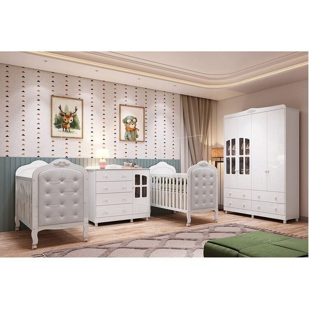 Quarto de Bebê Guarda-roupa Cômoda Janelado 2 Berços Capitonê Maya Clássico 100% Mdf Espresso Móveis Branco Brilho/Branco