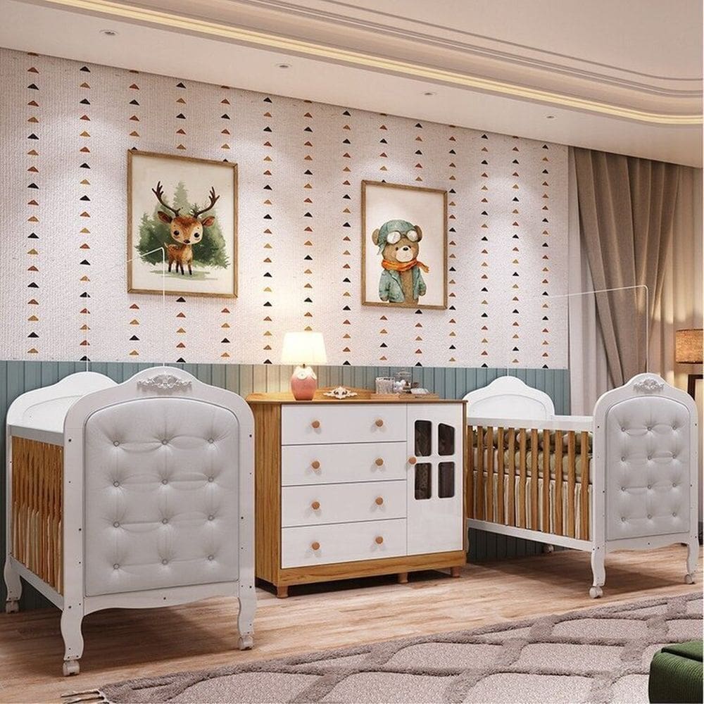 Quarto de Bebê Cômoda com Janelas e 2 Berços com Capitonê Maya Clássico 100% Mdf Espresso Móveis Branco Brilho/Amêndoa/Branco