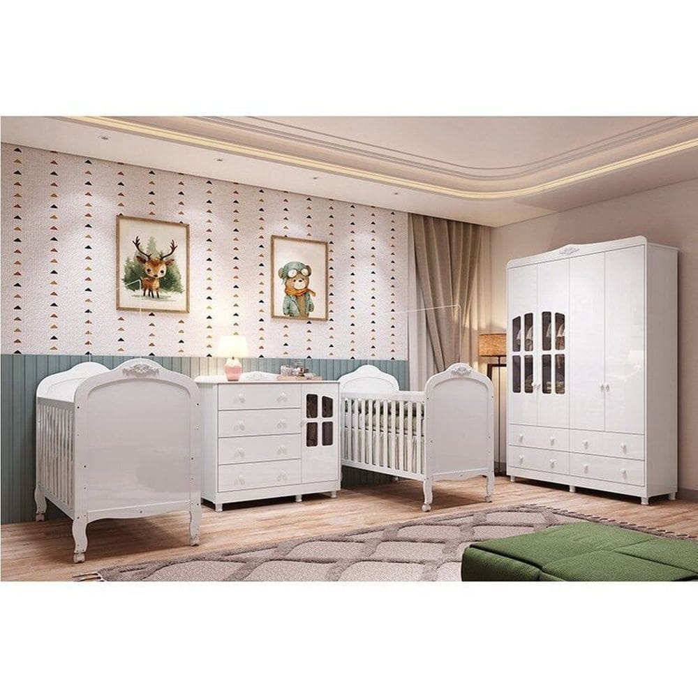 Quarto de Bebê Guarda-roupa Cômoda Janelado 2 Berços Maya Clássico 100% Mdf Espresso Móveis Branco Brilho/Branco