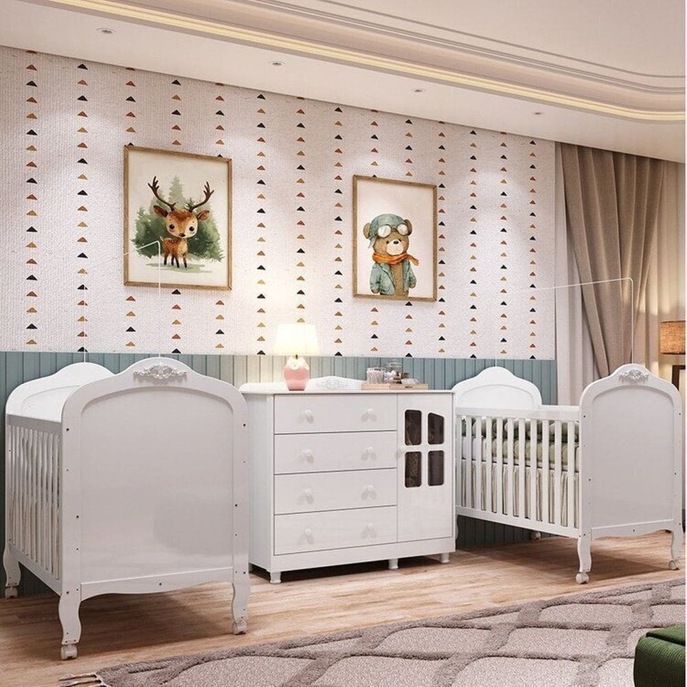 Quarto de Bebê Cômoda com Janelas e 2 Berços Maya Clássico 100% Mdf Espresso Móveis Branco Brilho/Branco