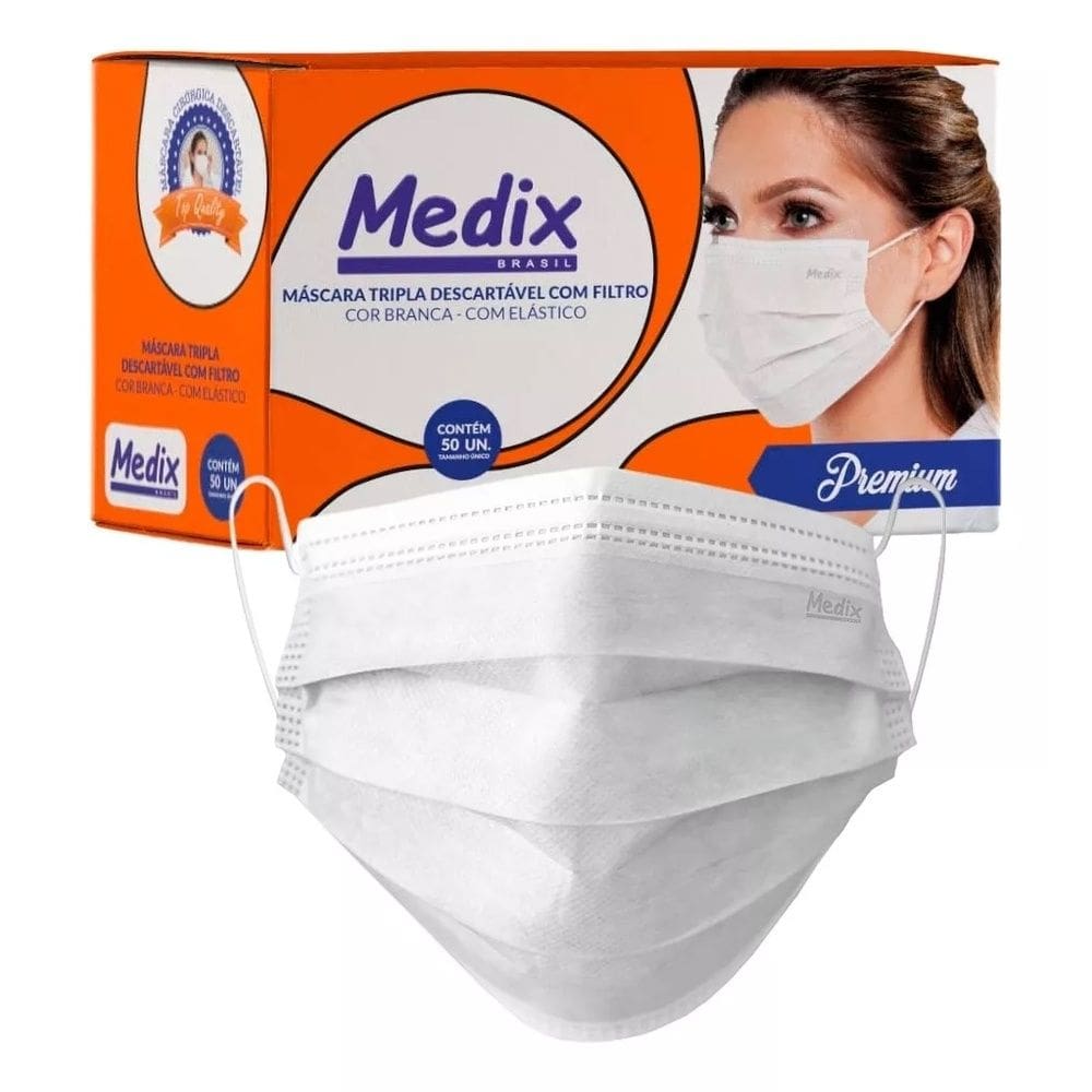Máscara Tripla Descartável Branca Medix Filtro Caixa 50 Un