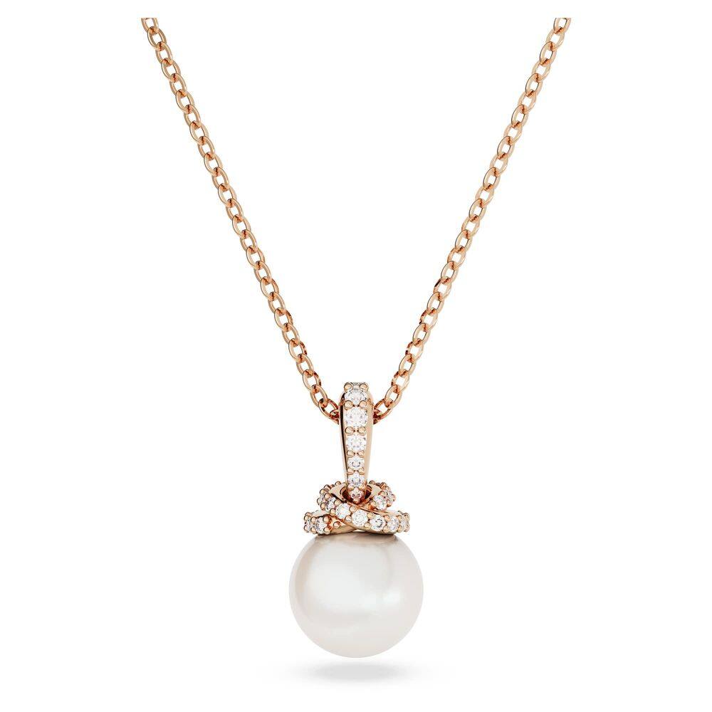 Colar Swarovski originalmente com pingente rosa pérola em tom dourado