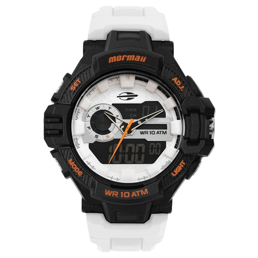 Relógio MORMAII masculino anadigi branco preto MO1134B/8B