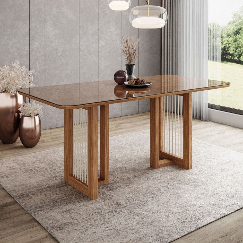 Mesa de Madeira Yara 160 Cm com Vidro Natural - Henn