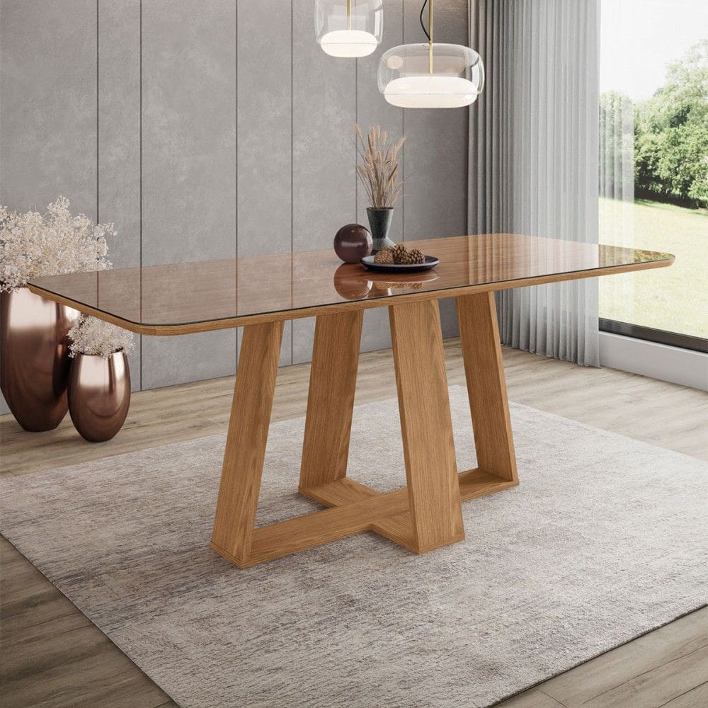 Mesa de Madeira Lins 200 Cm com Vidro Natural - Henn