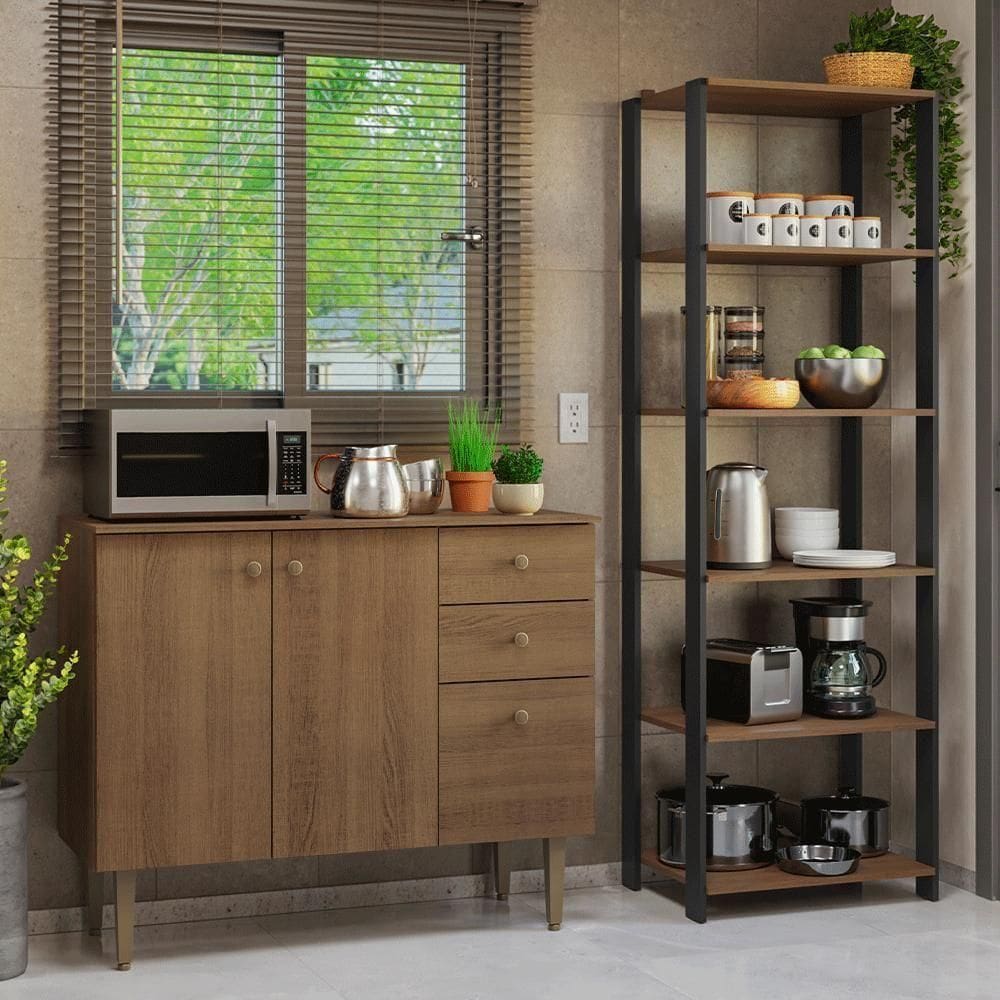 Kit Cozinha Balcão Gabinete 3 Portas 2 Gavetas E Armário Cozinha Despensa 5 Prateleiras Rustic/preto