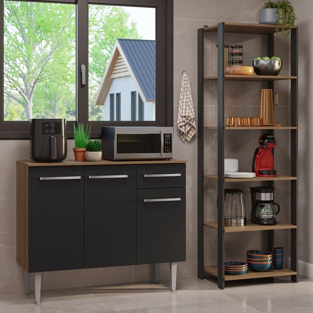 Kit Cozinha Balcão Gabinete 3 Portas 1Gaveta E Armário Cozinha Despensa 5 Prateleiras Preto/rustic
