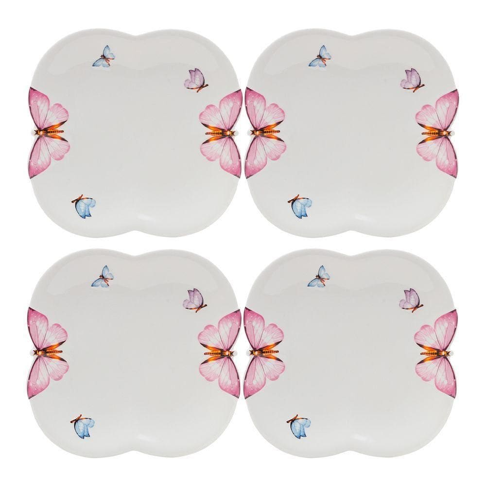 Jogo 4 Prato De Sobremesa Borboletas 19cm Porcelana Branco Wolff
