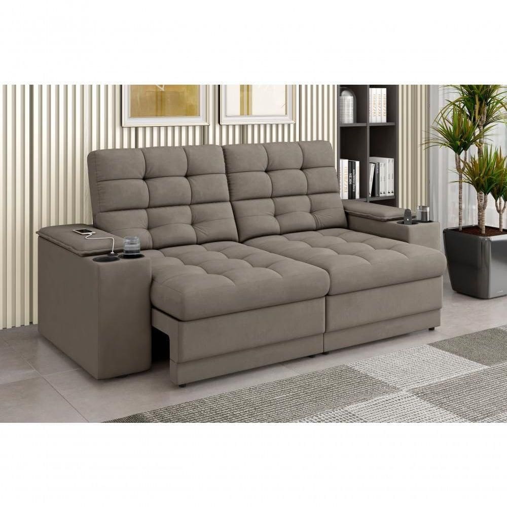 Sofá Confort Premium 2,05m Assento Retrátil/reclinável Porta Copos E Usb Suede Capuccino - Xflex Sofas