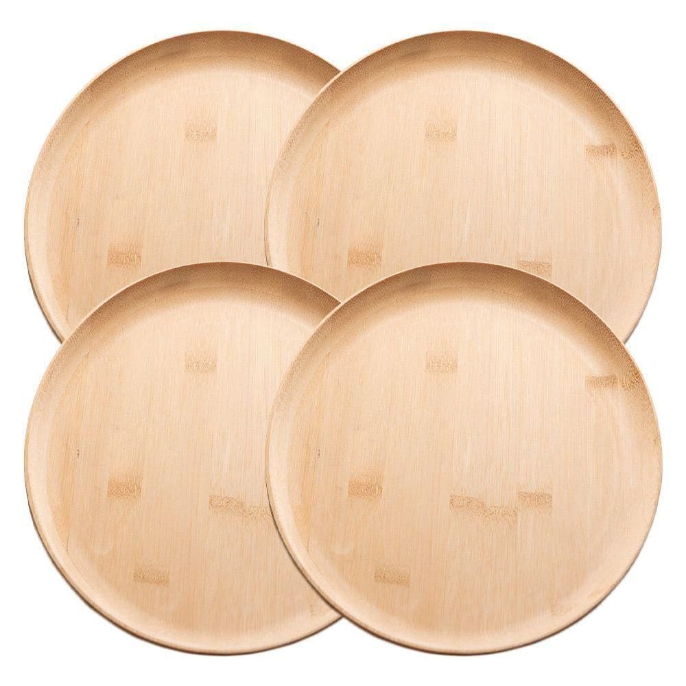 Jogo 4 Prato Raso De Bambu Natural Ecológico Pratinho Madeira Lyor 27cm