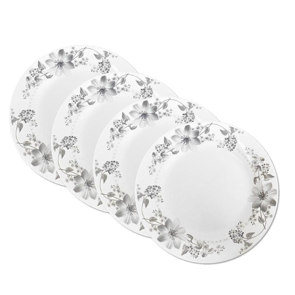 Jogo 4 Prato De Sobremesa Vidro Branco Flores Cinza Flowers Grey 20cm Em Casa Tem